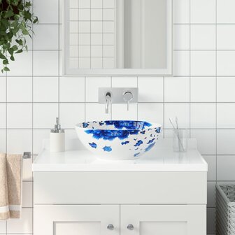 Opzetwasbak rond &Phi;41x14 cm keramiek wit en blauw 1