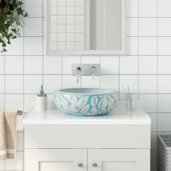 Opzetwasbak rond &Phi;41x14 cm keramiek wit en blauw 1