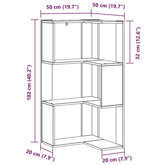 Hoekboekenkast 3-laags 50x50x102 cm hout zwart eikenkleur 7