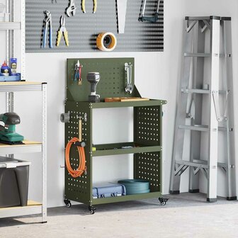 Gereedschapswagen met plank met wiel met opslag Olijfgroen 65 x 35 x 111 cm 1