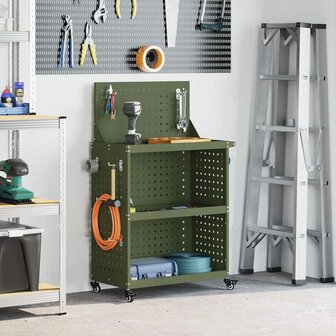 Gereedschapswagen met plank met wiel met opslag Olijfgroen 65 x 35 x 111 cm Metaal 1