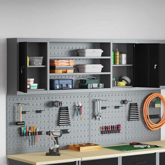 Gereedschapskast wandmontage pegboard 150x20x55 cm staal zwart 3