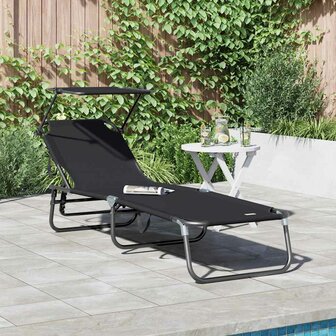 Vouwbaar Ligbed met Luifel Zwart 600D Oxford Stof 1