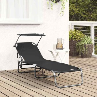 Vouwbaar Ligbed met Luifel Zwart 600D Oxford Stof 2