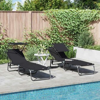 Vouwbare Ligbedden 2 stuks met Luifel Zwart 600D Oxford Stof 1