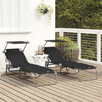 Vouwbare Ligbedden 2 stuks met Luifel Zwart 600D Oxford Stof 2