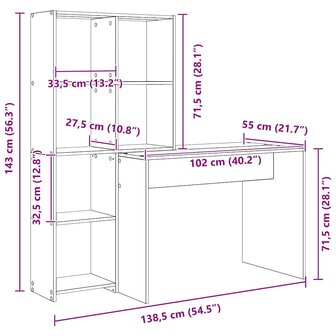 Bureau met plank met opslag Zwart eiken 138.5 x 55 x 143 cm Bewerkt hout 8