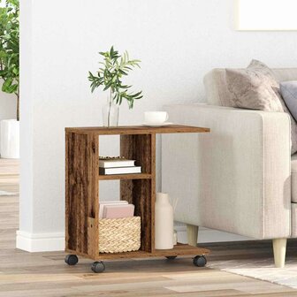 Bijzettafel met wielen 50x30x55 cm bewerkt hout oud houtkleurig 1