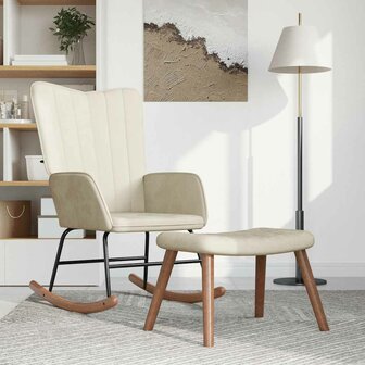 Schommelstoel met voetenbank fluweel cr&egrave;mewit 1