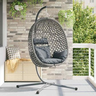 Hangstoel mand met standaard in grijs poly rattan 1