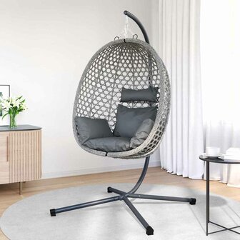 Hangstoel mand met standaard in grijs poly rattan 2