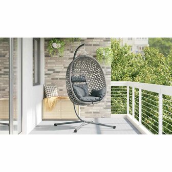 Hangstoel mand met standaard in grijs poly rattan 3