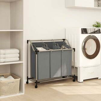 Wasmand met wielen 3 vakken grijs 3