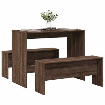 3-delige Eettafel en bankenset bewerkt hout bruin eikenkleur 1
