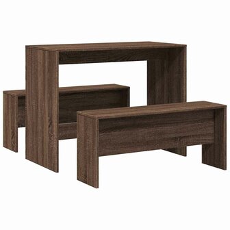 3-delige Eettafel en bankenset bewerkt hout bruin eikenkleur 2