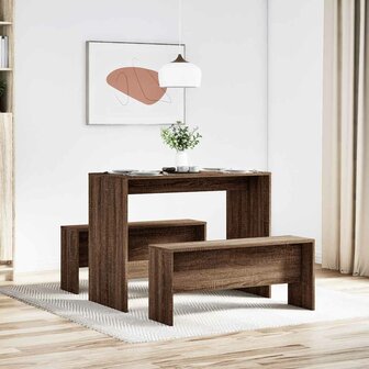 3-delige Eettafel en bankenset bewerkt hout bruin eikenkleur 3
