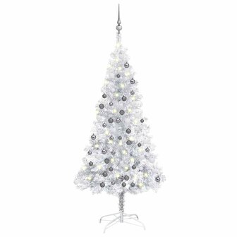 Kunstkerstboom met verlichting en kerstballen 120 cm PET zilver 1