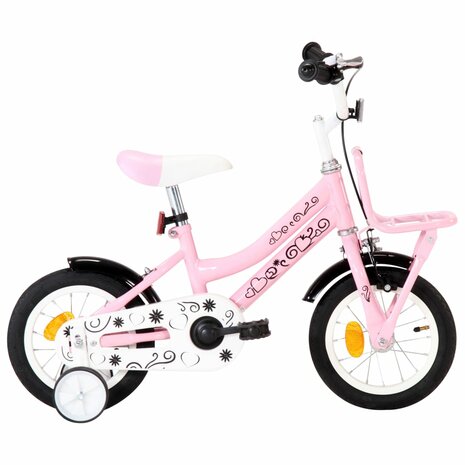 Kinderfiets met voordrager 12 inch wit en roze