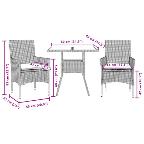 3-delige Tuinset met kussens poly rattan en glas grijs 8721102490958 7