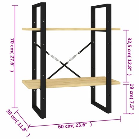 Boekenkast met 2 schappen 60x30x70 cm massief grenenhout 8720286567227 8