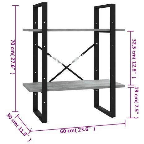 Boekenkast 60x30x70 cm bewerkt hout grijs sonoma eikenkleurig 8720287088134 7