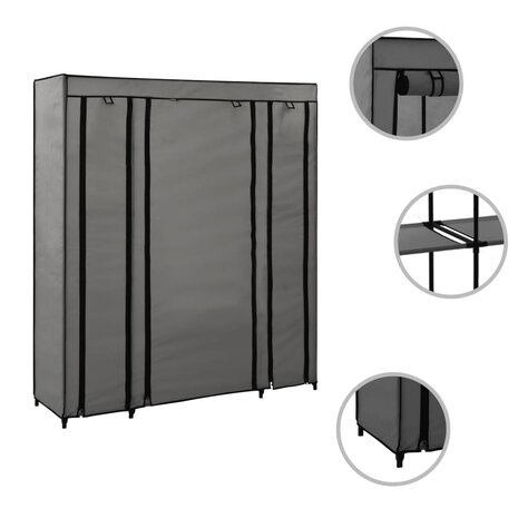 Kledingkast met vakken en stangen 150x45x176 cm stof grijs 8719883564807 3