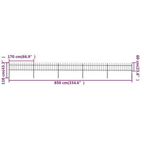 Tuinhek met speren bovenkant 8,5x0,6 m staal zwart 8719883710181 5