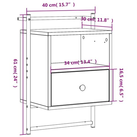 Nachtkastje wandgemonteerd 40x30x61 cm hout gerookt eikenkleur 8720845916008 10