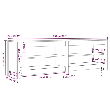 Schoenenbank 160x36,5x50 cm massief grenenhout wit 8720845556761 8