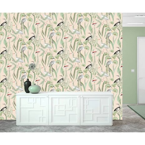 DUTCH WALLCOVERINGS Behang Flamingo crème- en mintkleurig 3294270374030 8
