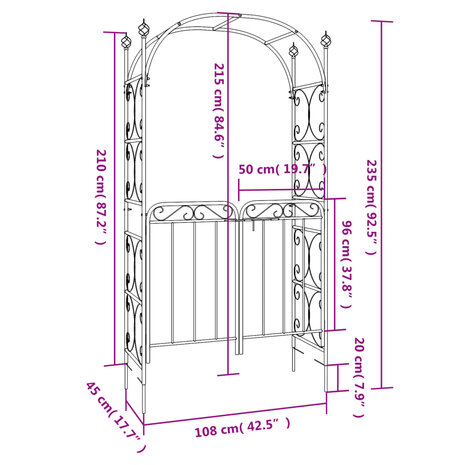 Tuinboog met poort 108x45x235 cm staal zwart 8720845670382 10