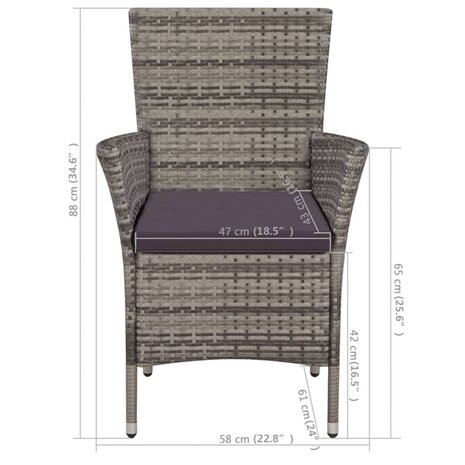 Tuinstoel en kruk met kussens poly rattan grijs 5