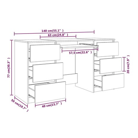Bureau 140x50x77 cm bewerkt hout gerookt eikenkleurig 8