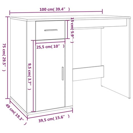Bureau 100x49x75 cm bewerkt hout gerookt eikenkleurig 11