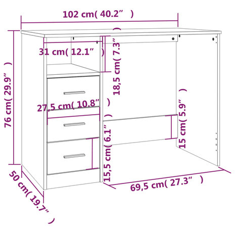 Bureau met lades 102x50x76 cm bewerkt hout sonoma eikenkleurig 11