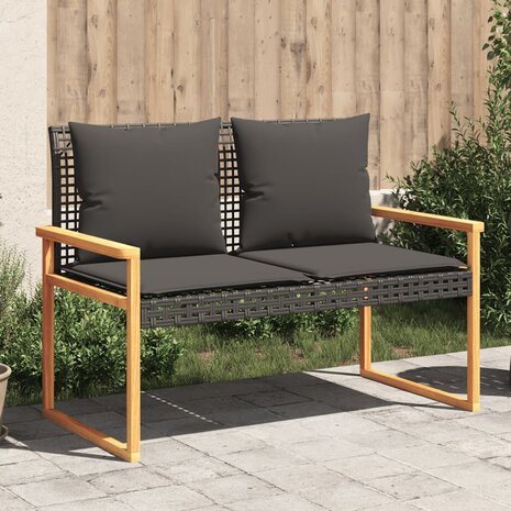 Tuinbank met kussen poly rattan en acaciahout zwart 1