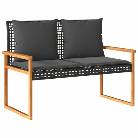 Tuinbank met kussen poly rattan en acaciahout zwart 2