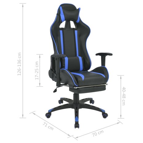 Bureau-/gamestoel verstelbaar met voetensteun blauw 7