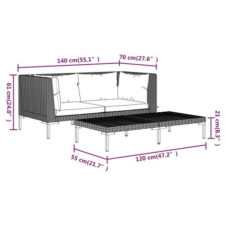 3-delige Loungeset halfrond poly rattan donkergrijs 11