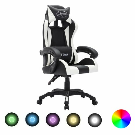 Racestoel met RGB LED-verlichting kunstleer wit en zwart 1