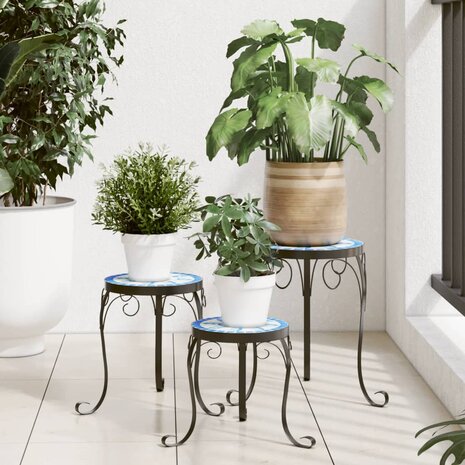 Plantenstandaards 3 st keramiek blauw en wit 1
