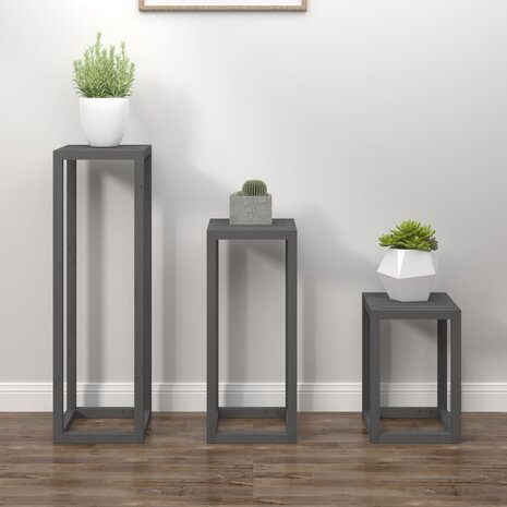 3-delige Plantenstandaardset massief grenenhout grijs 1