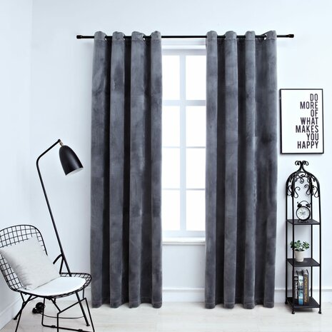 Gordijn verduisterend met ringen 2 st 140x225 cm fluweel grijs 1