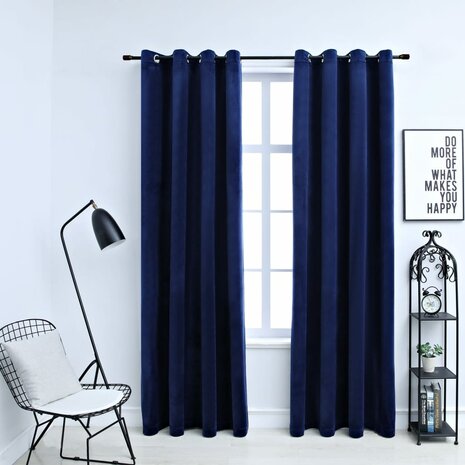 Gordijn verduisterend met ringen 2 st 140x175 cm fluweel blauw 1
