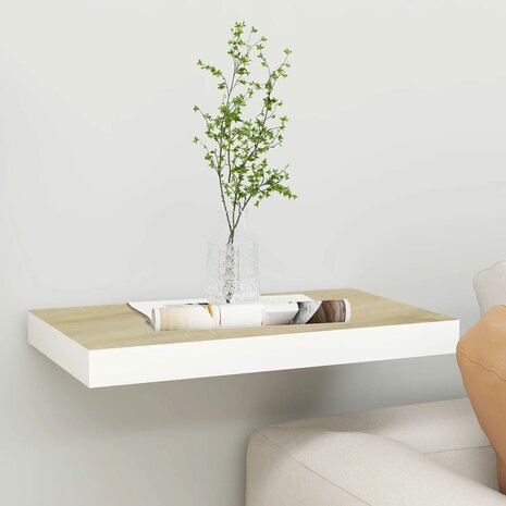 Wandschap zwevend 50x23x3,8 cm MDF eikenkleurig en wit 1