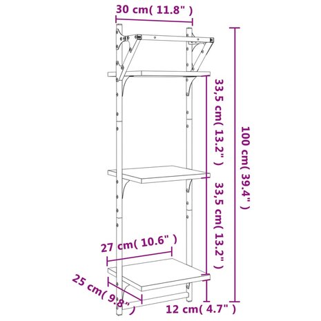 Wandschappen 3-laags met stangen 2 st 30x25x100 cm sonoma eiken 9