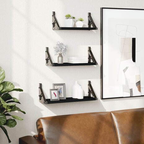 3-delige Wandschappenset bewerkt hout zwart 1