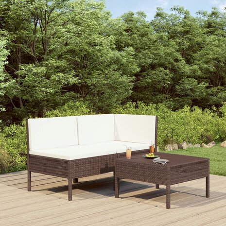 3-delige Loungeset met kussens poly rattan bruin 1