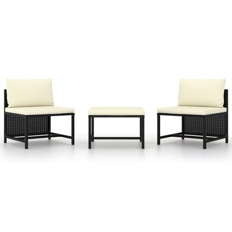 3-delige Loungeset met kussens poly rattan zwart 1