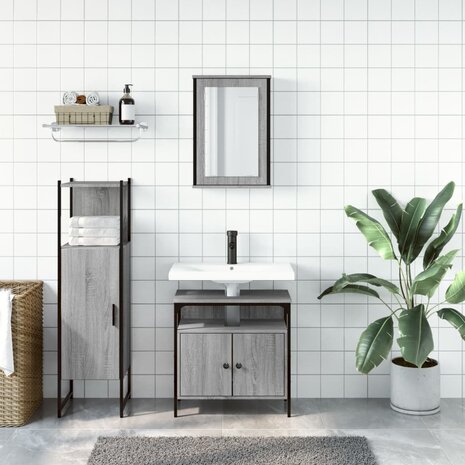 3-delige Badkamermeubelset bewerkt hout grijs sonoma eikenkleur 3